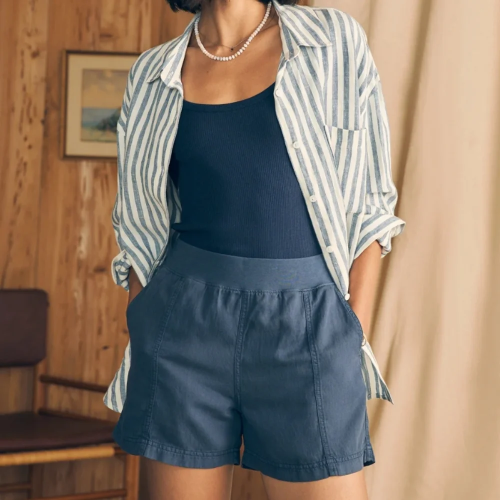 FAHERTY Arlie Day Shorts Faded Navy Linen Blend Large - Picture 1 of 12